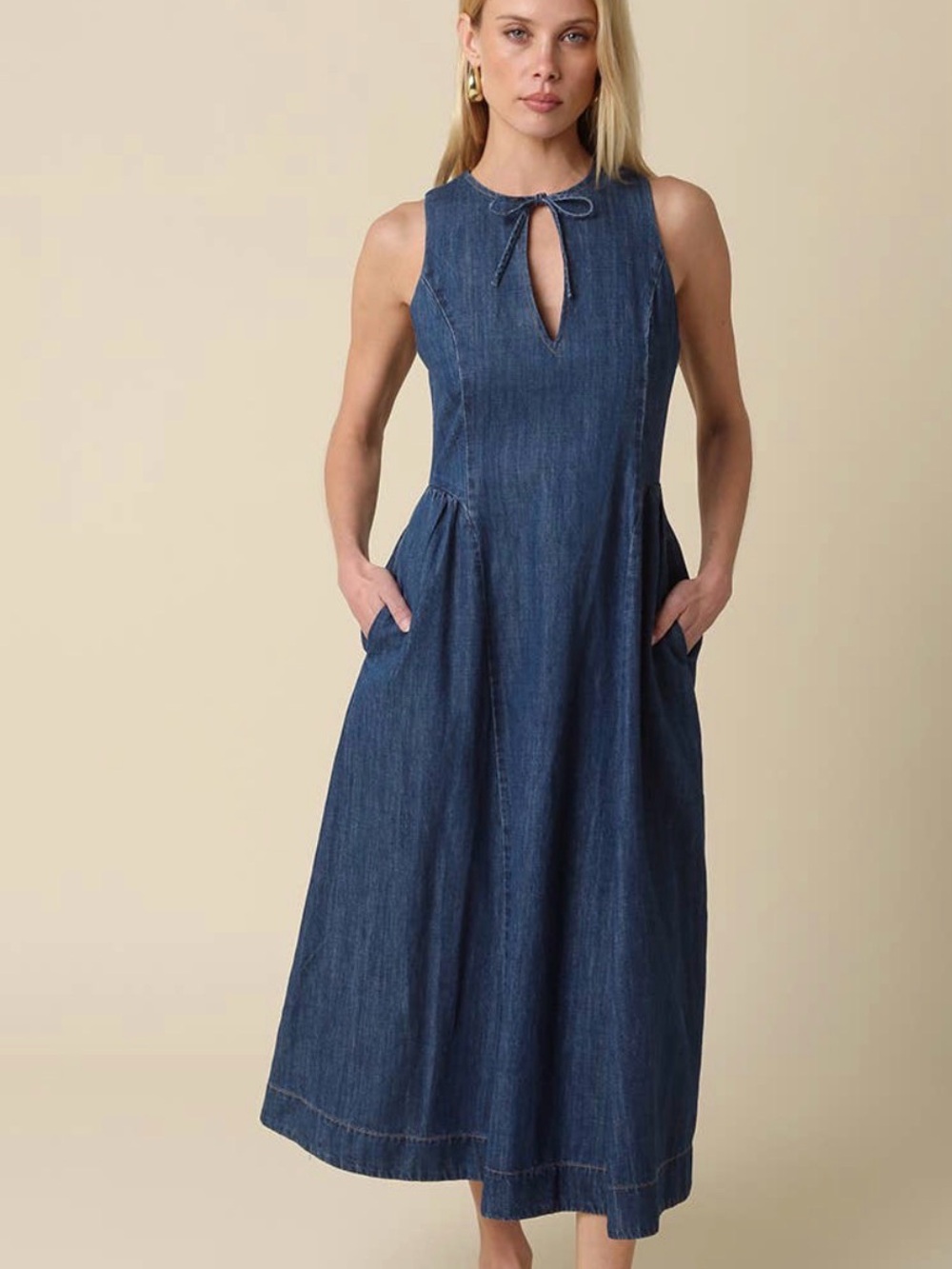 0219 Mlle Gabrielle Sleeveless Denim Maxi Dress in Deep Blue